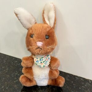 Vintage 1975 R Daikin Plush Bunny Rabbit Brown  Floral Bib Stuffed Animal Toy